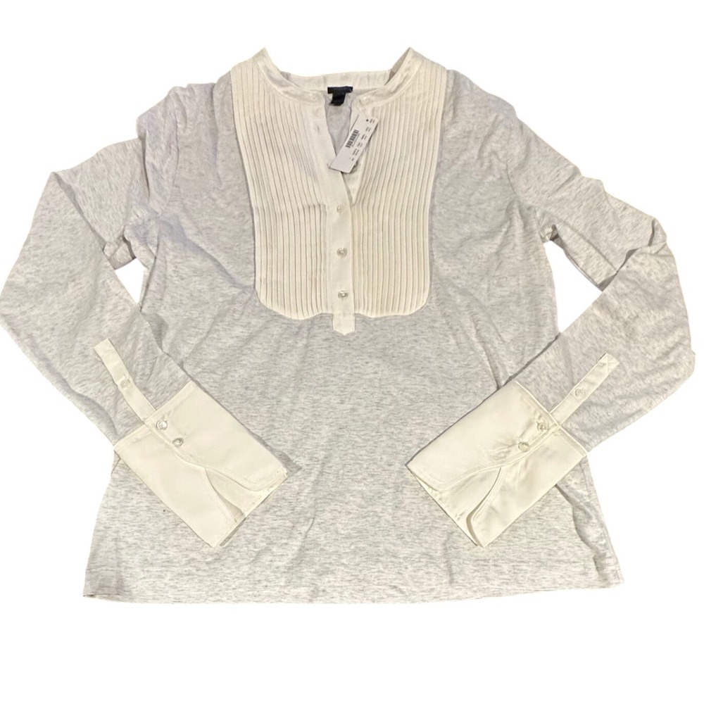 J.Crew Womens Gray Pleated Tuxedo Bib Henley Top Long Sleeve F9036 Size L NEW